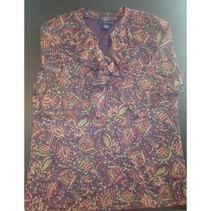 Chaps Paisley‎ Blouse Ruffle V-Neck Top Petite Size XL
